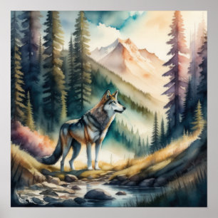 Poster Peinture aquarelle de loup en forêt 1:1