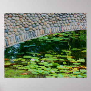 Poster Peinture aquarelle de nénuphars du pont de pierre