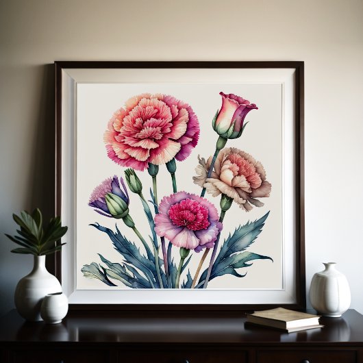 Poster Peinture aquarelle des oeillets roses