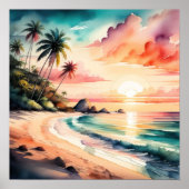 Poster Peinture aquarelle du coucher de soleil de la plag (Devant)