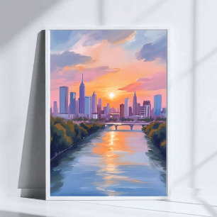 Poster Peinture aquarelle du coucher de soleil sur la vil