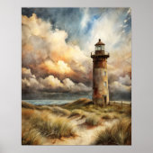Poster Peinture aquarelle du littoral avec phare (Devant)