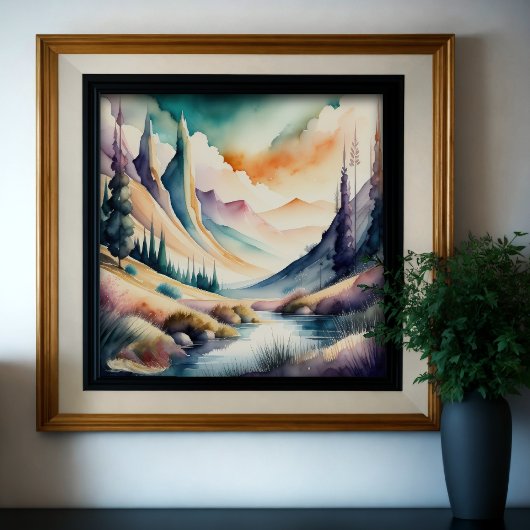 Poster Peinture aquarelle du paysage montagnard