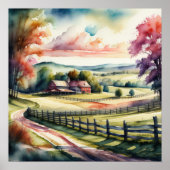 Poster Peinture aquarelle du paysage rural (Devant)