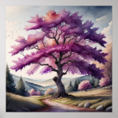 Poster Peinture aquarelle d'un grand arbre à feuilles vio (Devant)