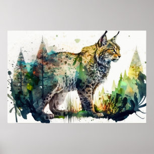 Poster Peinture aquarelle d'une forêt de lynx AI Nature