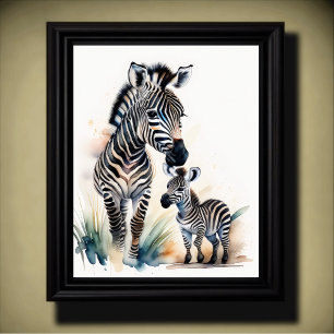 Poster Peinture aquarelle d'une maman et bébé zèbre 5:4