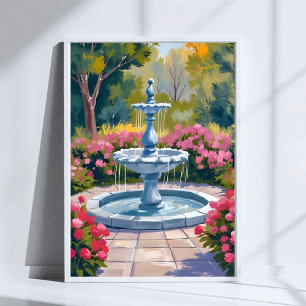 Poster Peinture aquarelle florale de fontaine de jardin