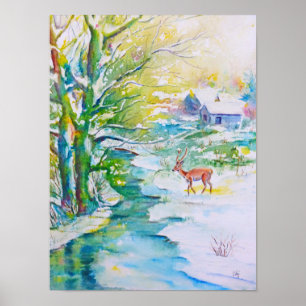 Poster Peinture aquarelle Snow Deer Stream Paysage