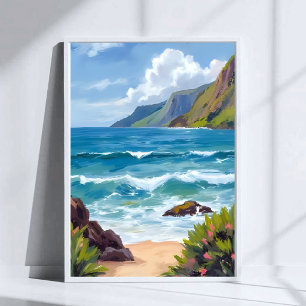 Poster Peinture aquarelle Vagues bleues du bord de l'océa