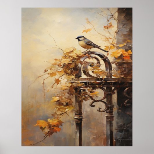 Poster Peinture automnale d'un oiseau sur une clôture (Devant)