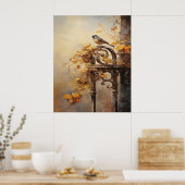 Poster Peinture automnale d'un oiseau sur une clôture (Cuisine)