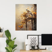 Poster Peinture automnale d'un oiseau sur une clôture (Bureau à domicile)
