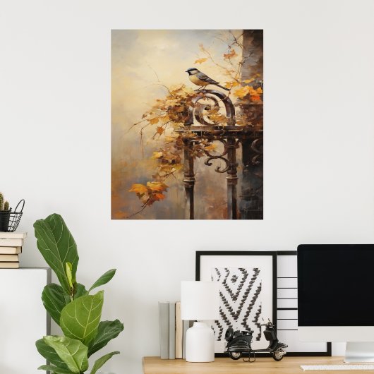 Poster Peinture automnale d'un oiseau sur une clôture (Bureau à domicile)