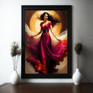 Poster Peinture Belle Femme Superbe Robe Rouge II