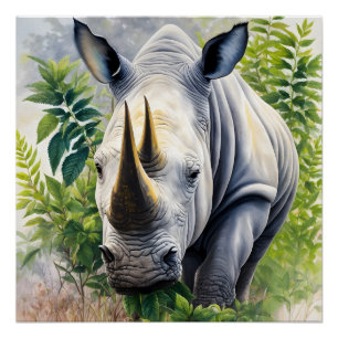 Poster Peinture botanique du rhinocéros blanc