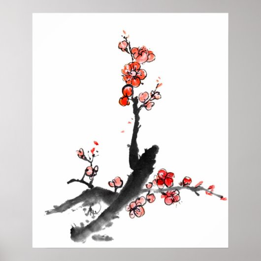 Poster Peinture chinoise de fleurs, fleurs de prune (Devant)