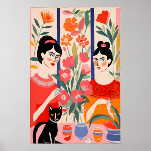 Poster Peinture Colorée de Deux Dames Buvant du Thé