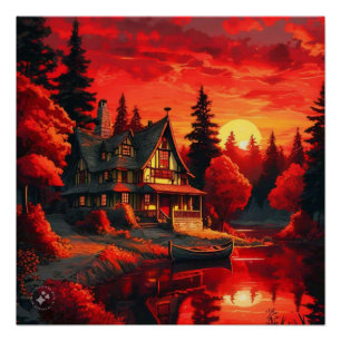 Poster Peinture coucher de soleil avec chalet et lac-6663