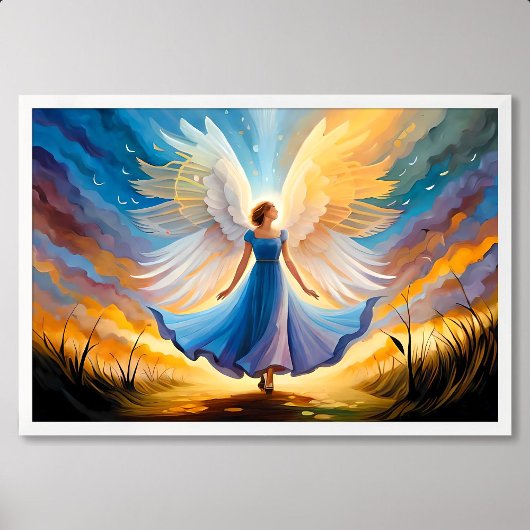 Poster peinture d'ange fille bleue prêt à décoller avec l