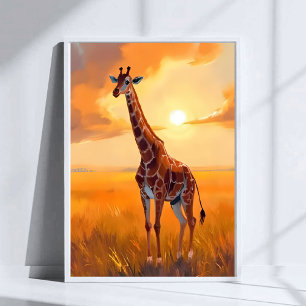 Poster Peinture d'animaux de safari au coucher du soleil