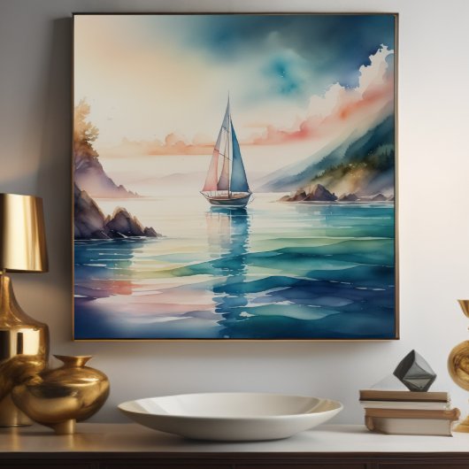 Poster Peinture d'aquarelle Bateau à voile sur l'eau 1:1