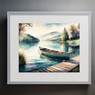 Poster Peinture d'aquarelle Canoe Lake Dock Mountain 5:4