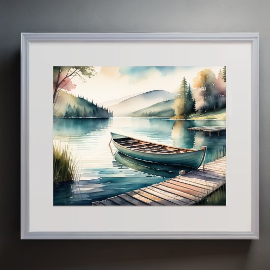 Poster Peinture d'aquarelle Canoe Lake Dock Mountain 5:4