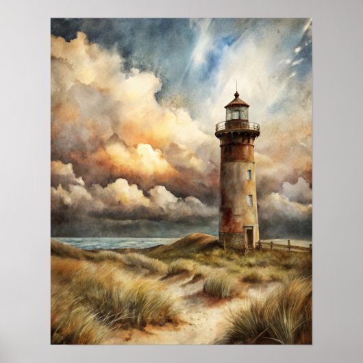 Poster Peinture d'aquarelle côtière du phare (Devant)