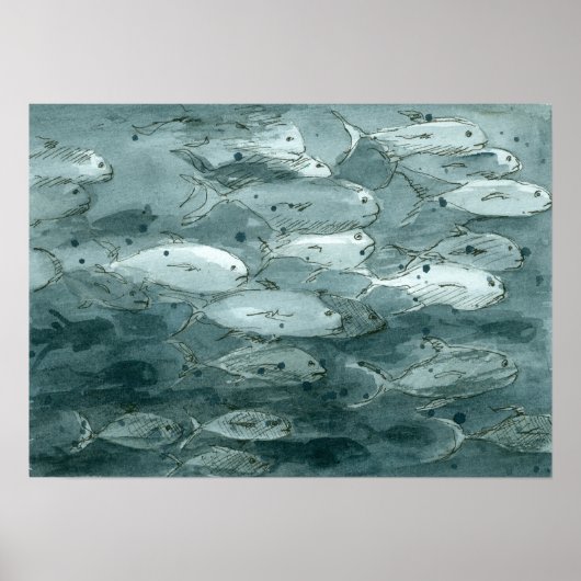 Poster Peinture d'aquarelle de poisson noir et blanc (Devant)