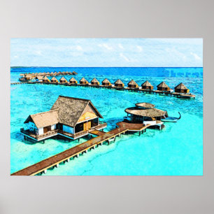 Poster Peinture d'aquarelle du complexe des Maldives