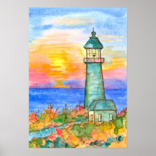 Poster Peinture d'aquarelle du phare Sunrise Ocean