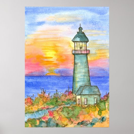 Poster Peinture d'aquarelle du phare Sunrise Ocean (Devant)
