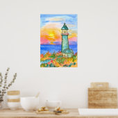 Poster Peinture d'aquarelle du phare Sunrise Ocean (Cuisine)