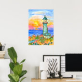Poster Peinture d'aquarelle du phare Sunrise Ocean (Bureau à domicile)