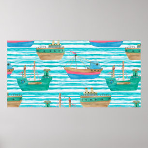 Poster Peinture d'aquarelle en continu motif avec bateaux