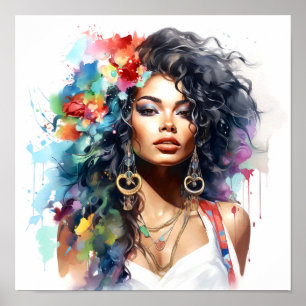 Poster Peinture d'aquarelle pour femme afro-américaine