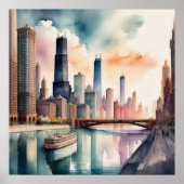 Poster Peinture d'aquarelle Urbaine Ville Rivière Scène 1 (Devant)