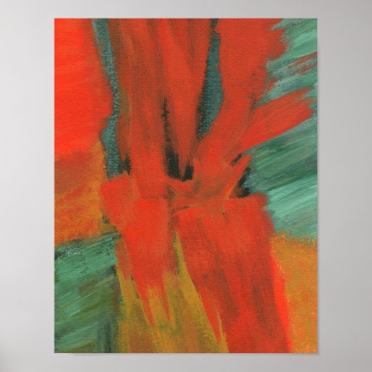 Poster Peinture d'art Abstrait Rouge Orange Vert Or (Devant)