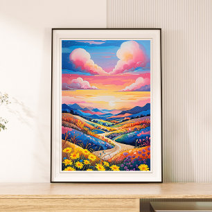 Poster Peinture d'art tournesol sur les collines à roulea