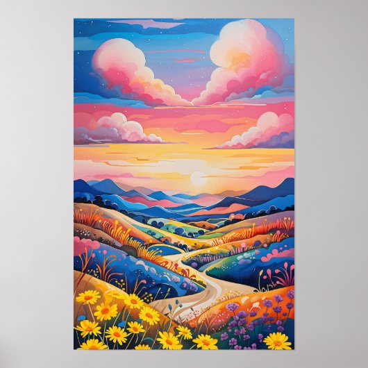 Poster Peinture d'art tournesol sur les collines à roulea (Devant)