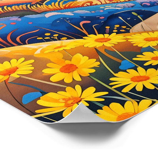 Poster Peinture d'art tournesol sur les collines à roulea (Coin)