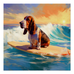 Poster Peinture de Basset Hound faisant du Surf sur la Pl