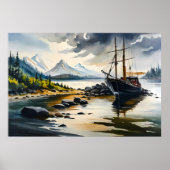 Poster Peinture de bateau de pêche au milieu de la rivièr (Devant)