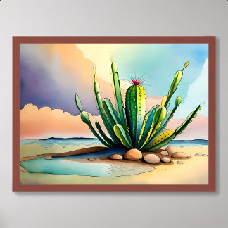 Poster peinture de cactus luxuriante près de roche source