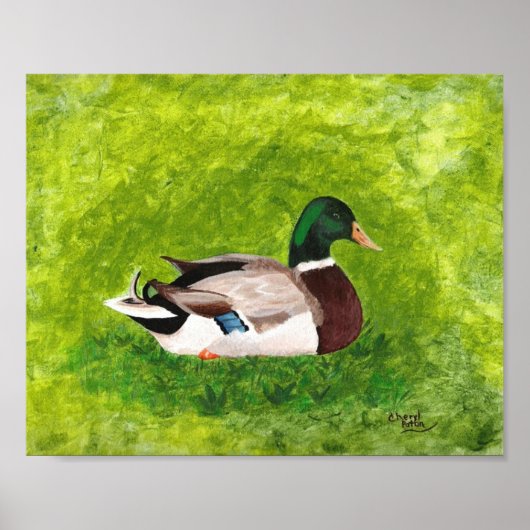 Poster Peinture de canard colvert assis dans l'herbe Affi (Devant)