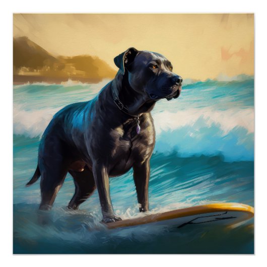 Poster Peinture de Cane Corso faisant du surf sur la plag (Devant)