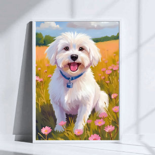 Poster Peinture de champ de fleurs de chien maltais