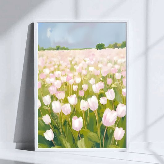 Poster Peinture de champ de fleurs de tulipes blanches à