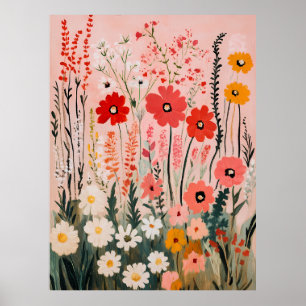 Poster peinture de champ de fleurs sauvages colorées